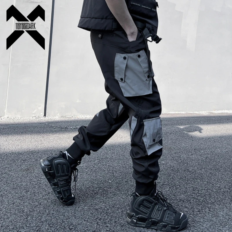 Functional Cargo Pant Men Fashion Tactical Reflective Patchwork Trousers 2023 Spring Hip Hop Streetwear Pants Techwear Black