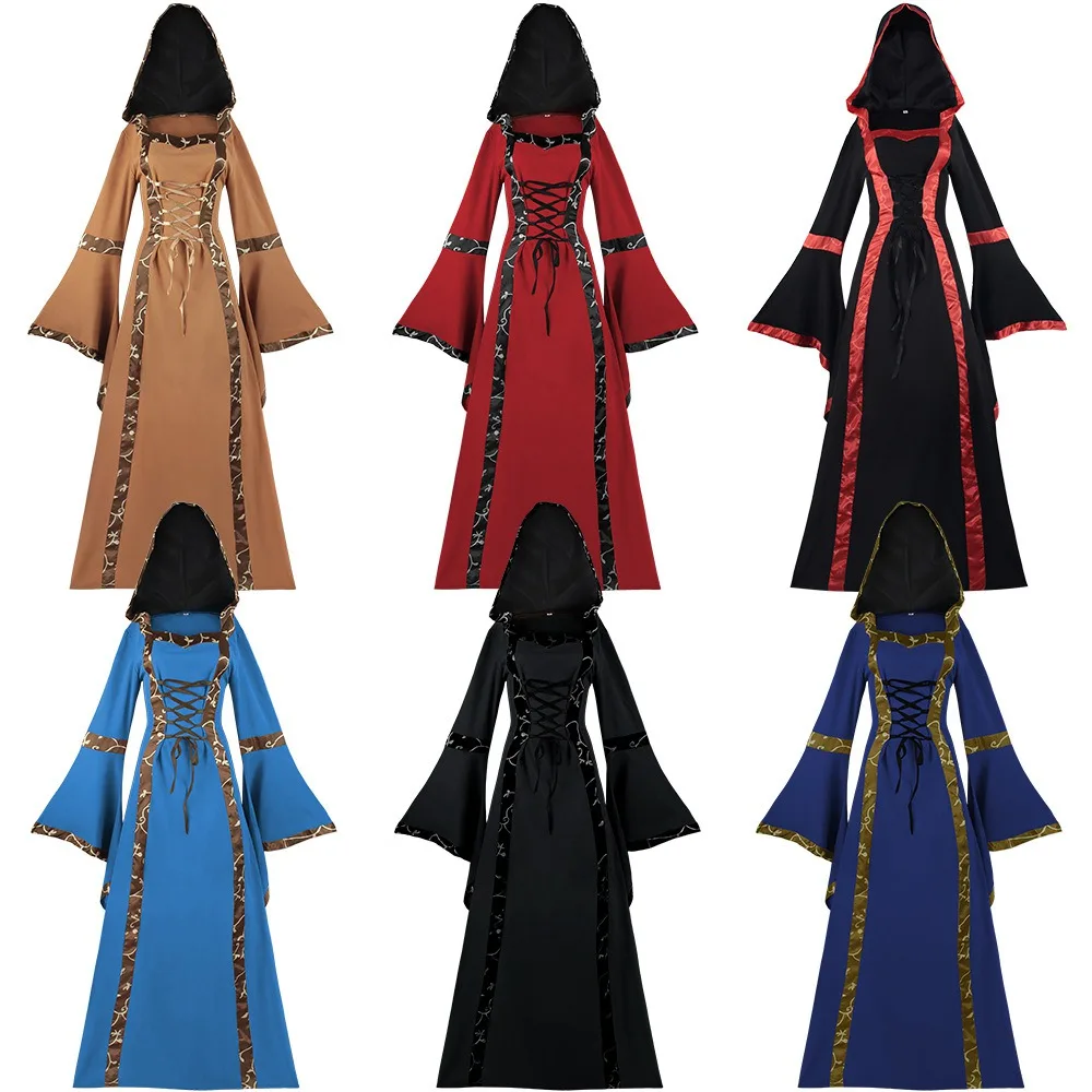 Women Medeival Gothic Cosplay Dresses Victoria Steampunk Hoodies Bandage Halloween Noble Palace Bell Long Carnival Costumes