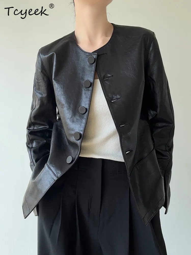 Tcyeek 本革ジャケット女性春秋服オイルワックスシープスキンレザーコートレディースコート 2025 Jaqueta Feminina Couro