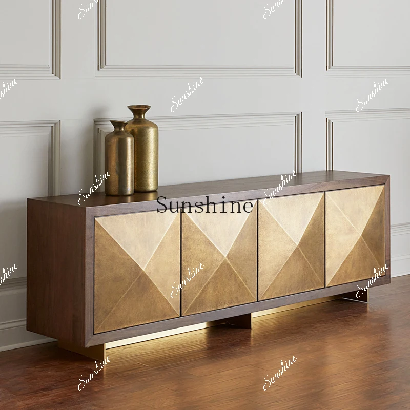 

New American solid wood TV cabinet living room stainless steel metal custom floor cabinet FT