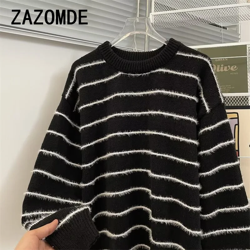 ZAZOMDE Harajuku Autumn Winter Striped Pullover Knitted Sweater Men\'s Loose Casual High Street Tops Sweaters Male Clothes 2024