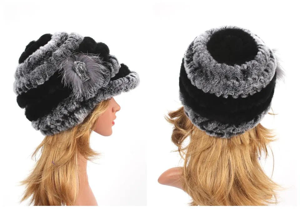 Winter Pelz Hüte für Frauen Rex Kaninchen Fell Elastische Gestrickte Hut mit Blume Pelz Hut Großhandel Baseball Kappe Weibliche Echtpelz Bonnets – Detail 17