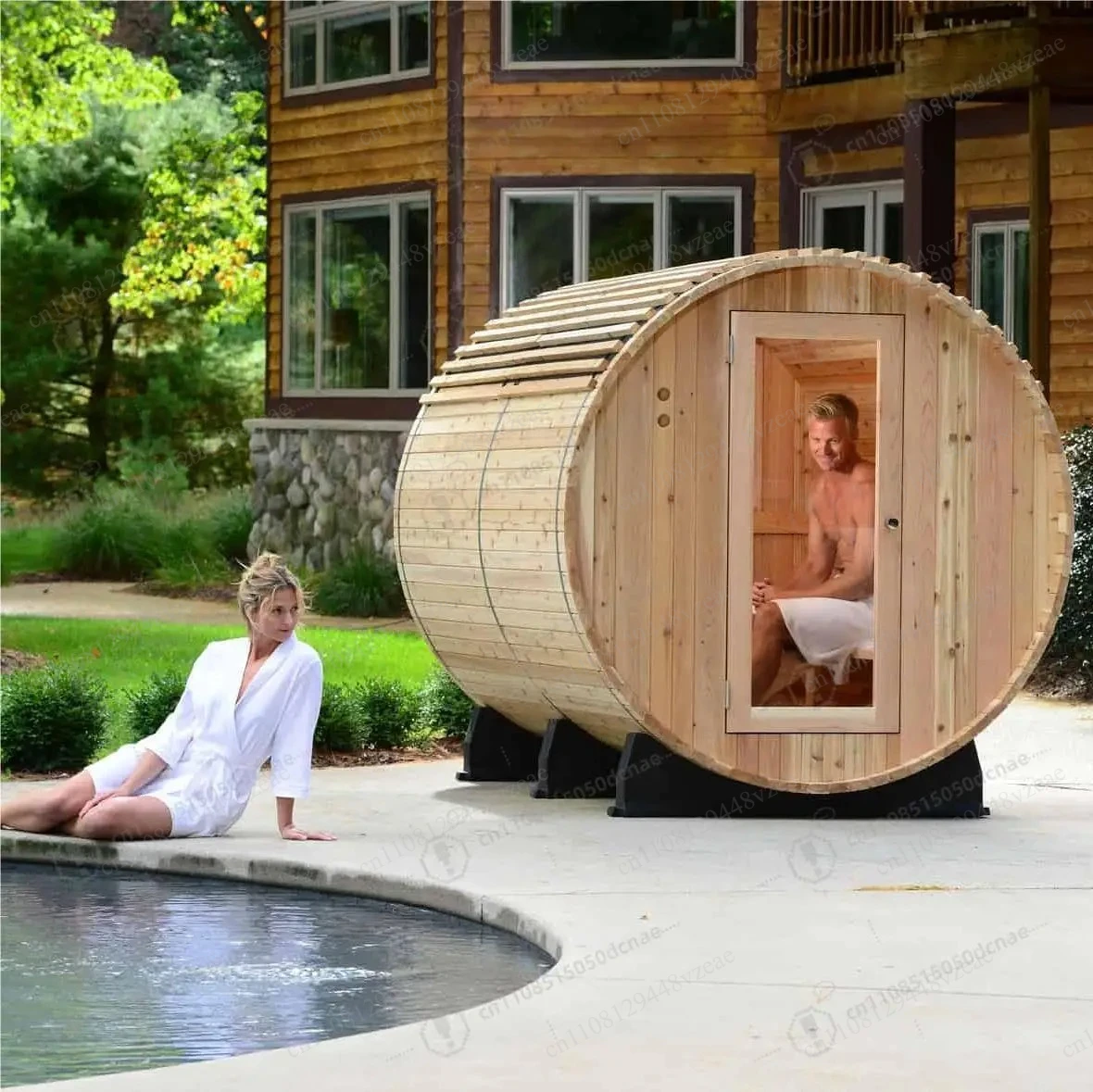 4-6 person red cedar steam sauna with backrest Outdoor traditional panoramic barrel type