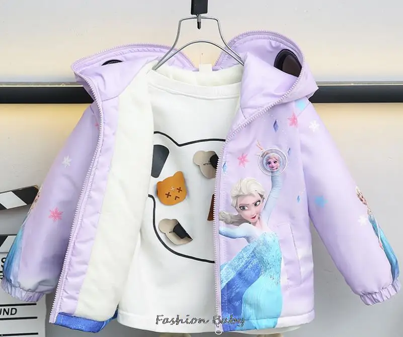 European And American Girls\' Frozen Elsa Cute Coat Autumn Winter Cotton Hooded Cardigan Sweatshirt Girl Plush Coat Birthday Gift