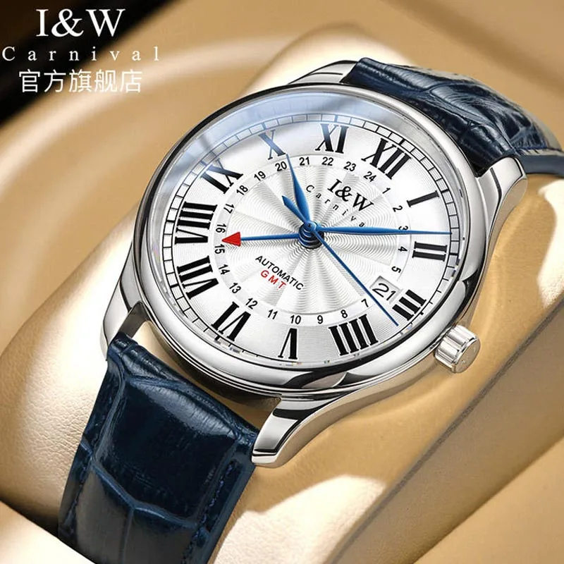 Switzerland Luxury Brand I&W CARNIVAL Japan NH35A Automatic Mechanical Men\'s Watches GMT Dual Time Zone Sapphire Waterproof 691G