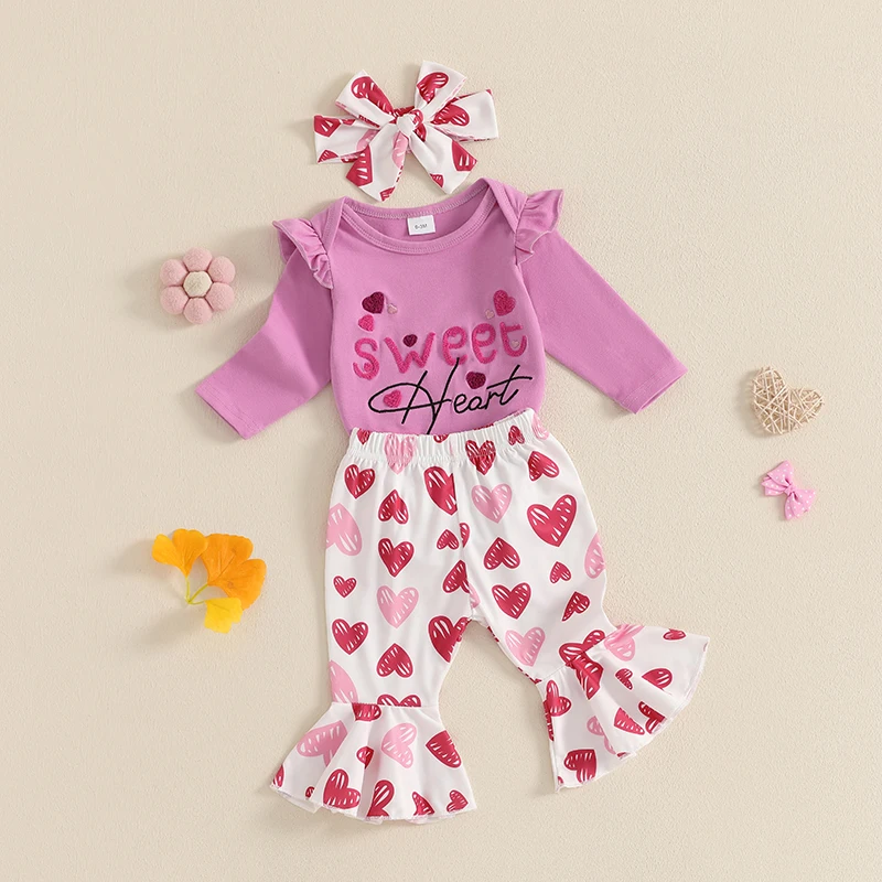 طفلة عيد الحب ملابس إلكتروني طباعة كم طويل رومبير القلب طباعة مضيئة السراويل عقال 3 قطع مجموعة الملابس