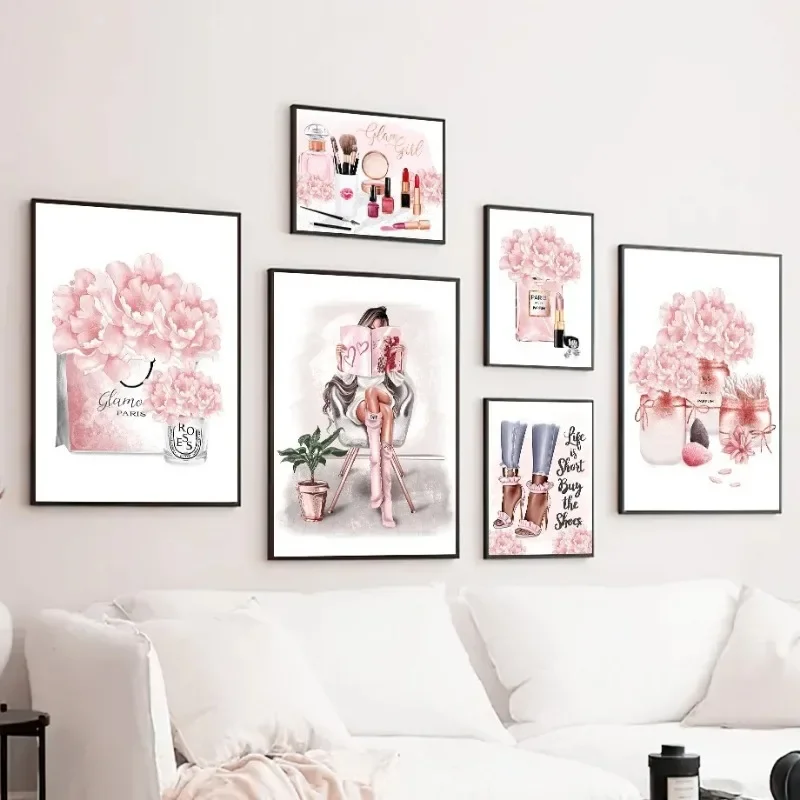 Pink Flower Paris Perfume Fashion Lipstick Heels Girl Art Canvas Painting Nordic Posters Prints Wall Pictures Living Room Decor