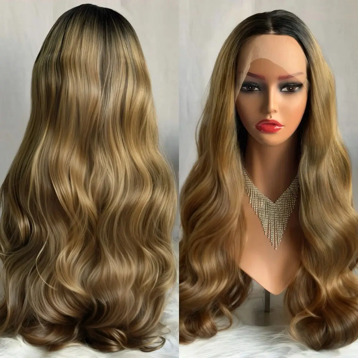 

24 Inches Ombre Caramel Brown Middle Parting Natural Wave Wigs High Quality Soft Long Length Women's Wig Daily Party Cosplay Use