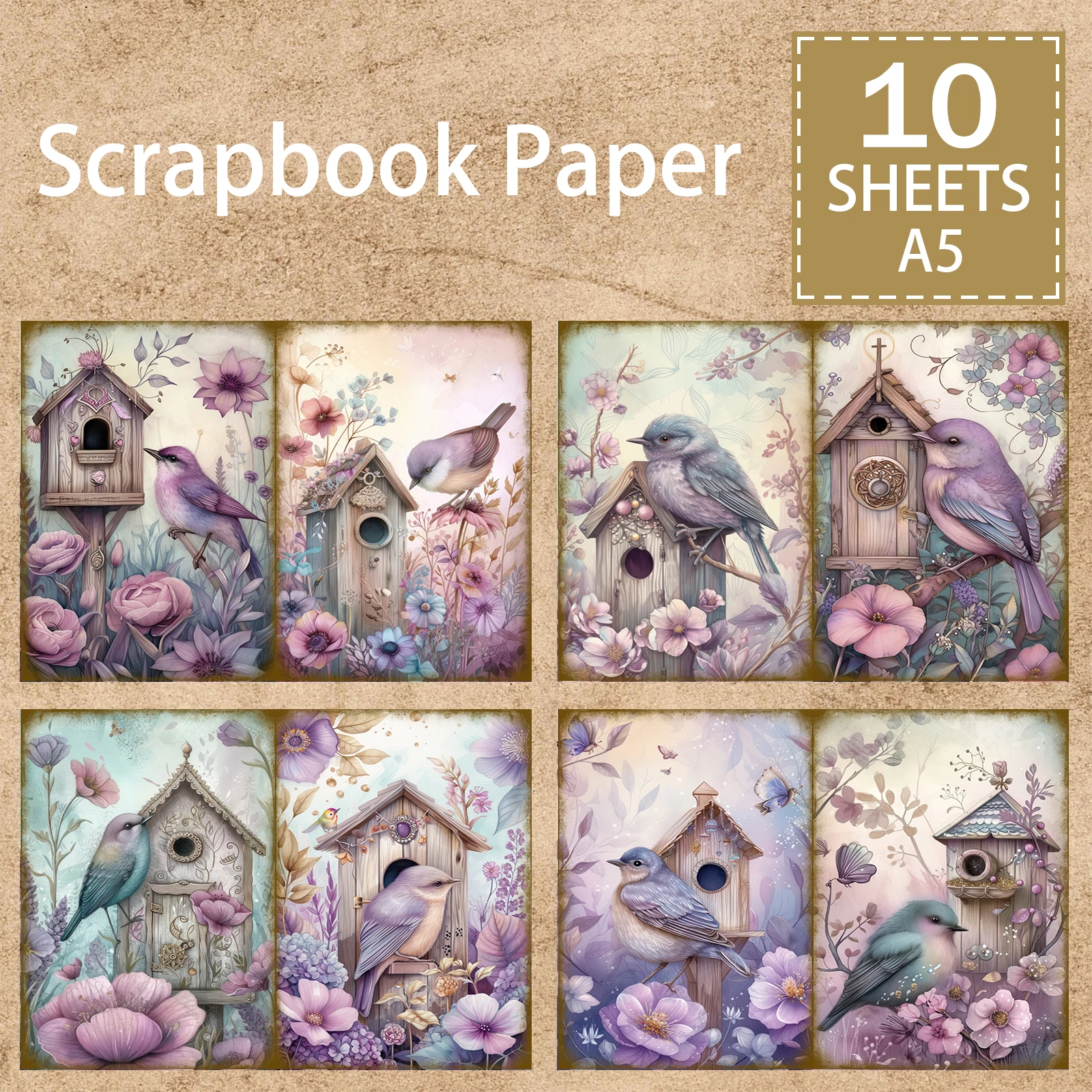 10 Sheets A5 Size Fancy Bird Cage Purple Bird  Background Vintage Grunge Journal Planning Scrapbooking