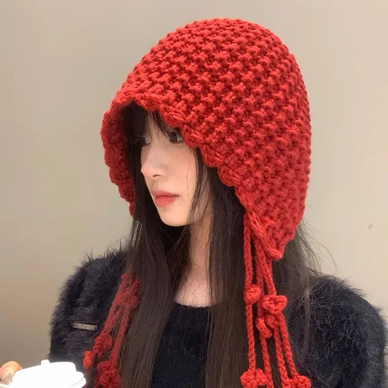 Japanese Vintage Cute Knit Wool Beanie Hat for Women Winter Warm Crochet Ear Protection Cap Female Girl Snow Windproof Bonnet
