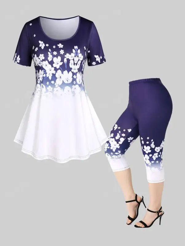 ROSEGAL Plus Size 3D Impressão Tee e Capri Leggings Combinando Set para As Mulheres Borboleta Padrão Floral Outfits OverSize Graphic Cloth