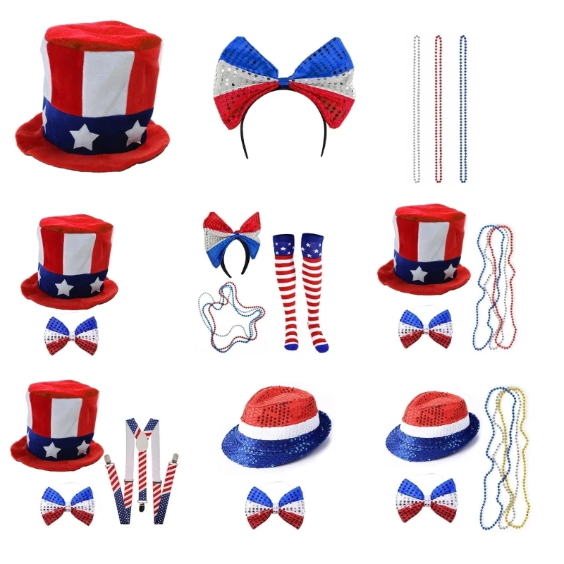 652F Independance Day Accessories Uncle-Sam Costume Hat Headband Stockings Necklaces Set for Women Celebration Party