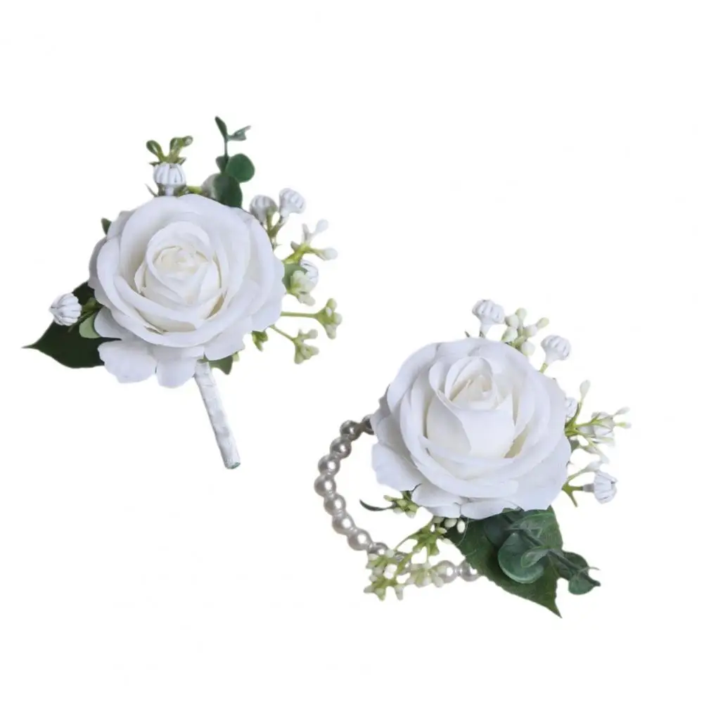 Floral Corsage Suit Corsage Wristlet Band with Faux Pearl Roses Floral Bracelet for Bride Groom Wedding Prom Flower Accessories