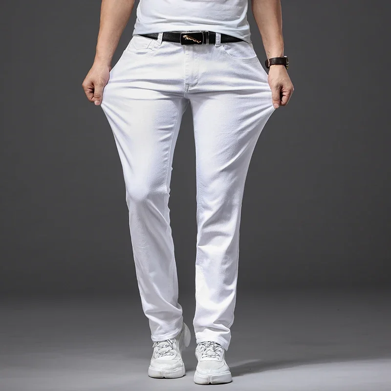 White Jeans Men Fashion Casual Straight Pants Classic Style Slim Trousers Male Brand Clothing Stretch Denim Trousers