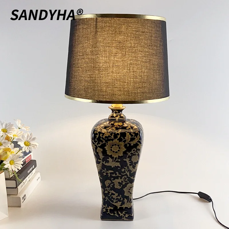 

SANDYHA Chinese Retro Ceramic Floor Lamp with Golden Pattern Design LED Light Living Room Decoration Bedroom Lighting Fixtures