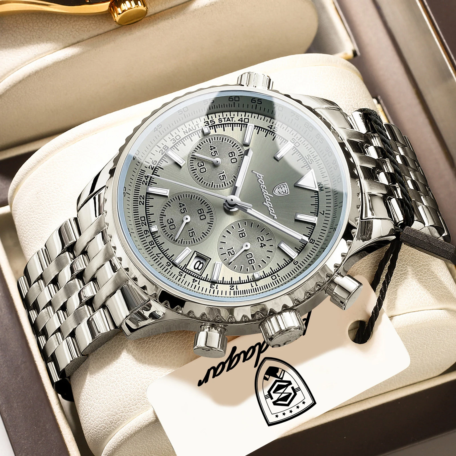 poedagar-ファッション腕時計男性用日付クロノグラフステンレス鋼ボーイフレンド腕時計防水発光カップルのクォーツ時計