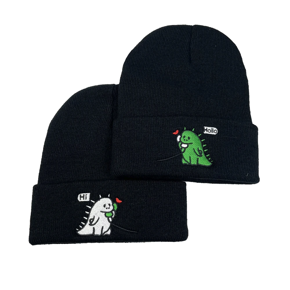 Autunno inverno Outdoor Cartoon dinosauri Hi Hello ricamo cappello lavorato a maglia uomo donna berretto Hip-Hop coppie divertenti cappelli Beanie