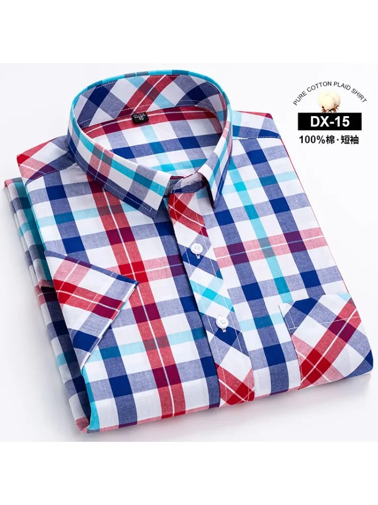 Summer M-6XL Cotton Fashion Plaid Shirts For Men's Short Sleeve  Single Patch Pocket Simple Design Casual Standard-fit Shirts