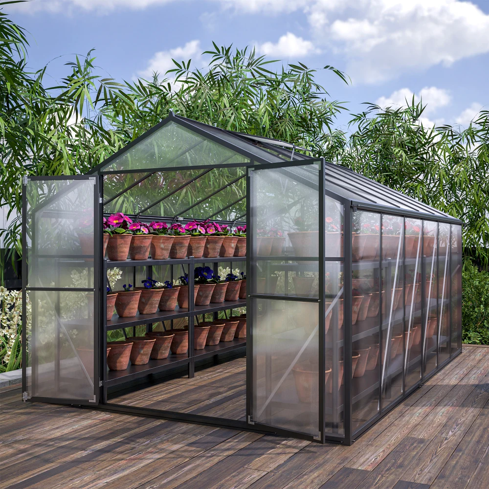 8' x 12' Outdoor greenhouse, heavy duty polycarbonate greenhouse, large walk-in greenhouse with double doors and two