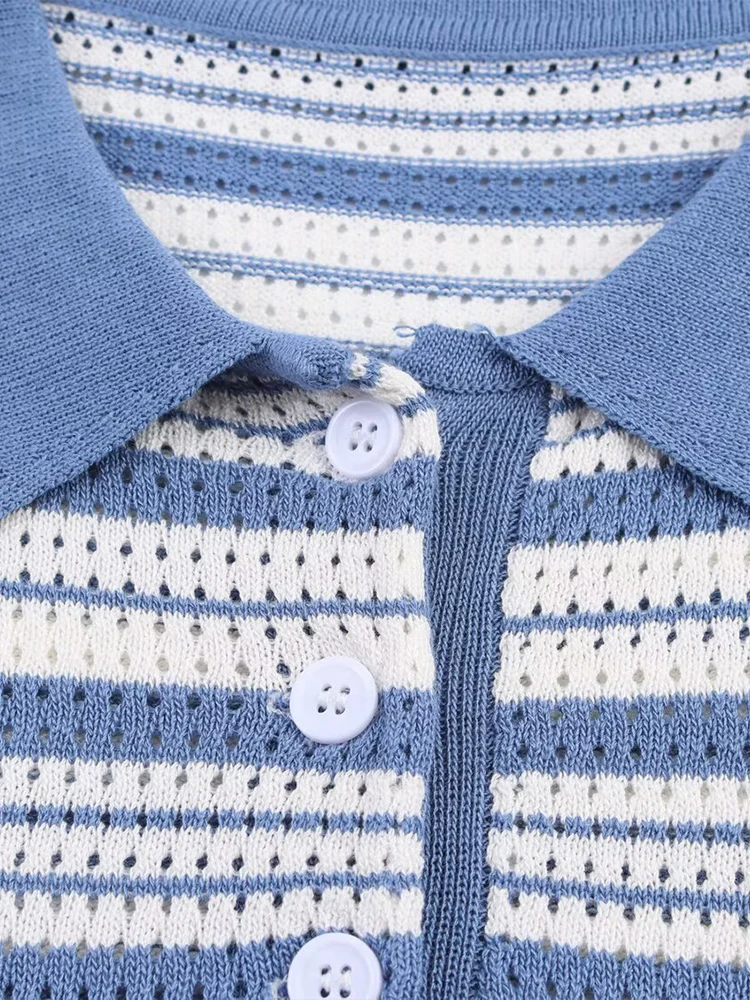 TRAF Europejski i amerykański styl damski letni nowy modny sweter w paski z klapami, uniwersalny i dopasowany.