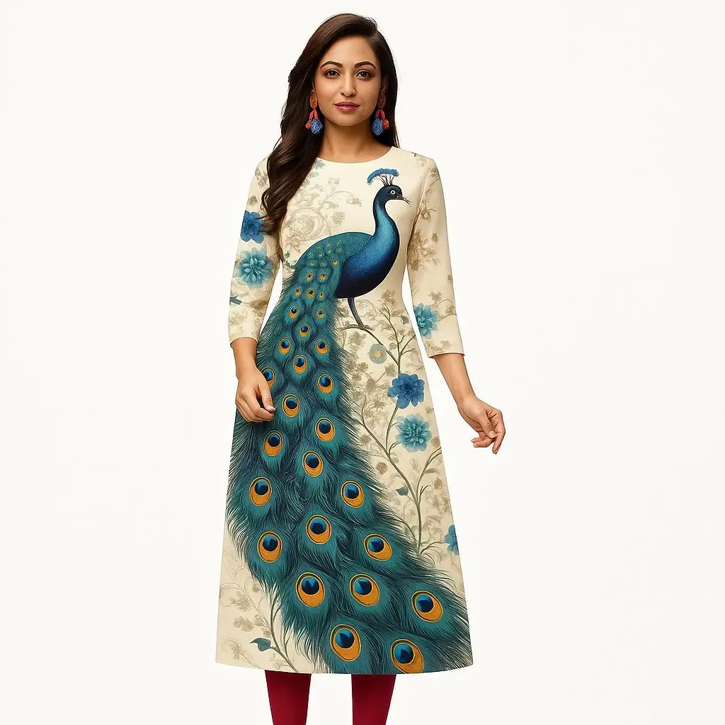 Kurt moda donna comoda manica lunga dritta casual girocollo etnico modello pavone nuovo vestito.2026