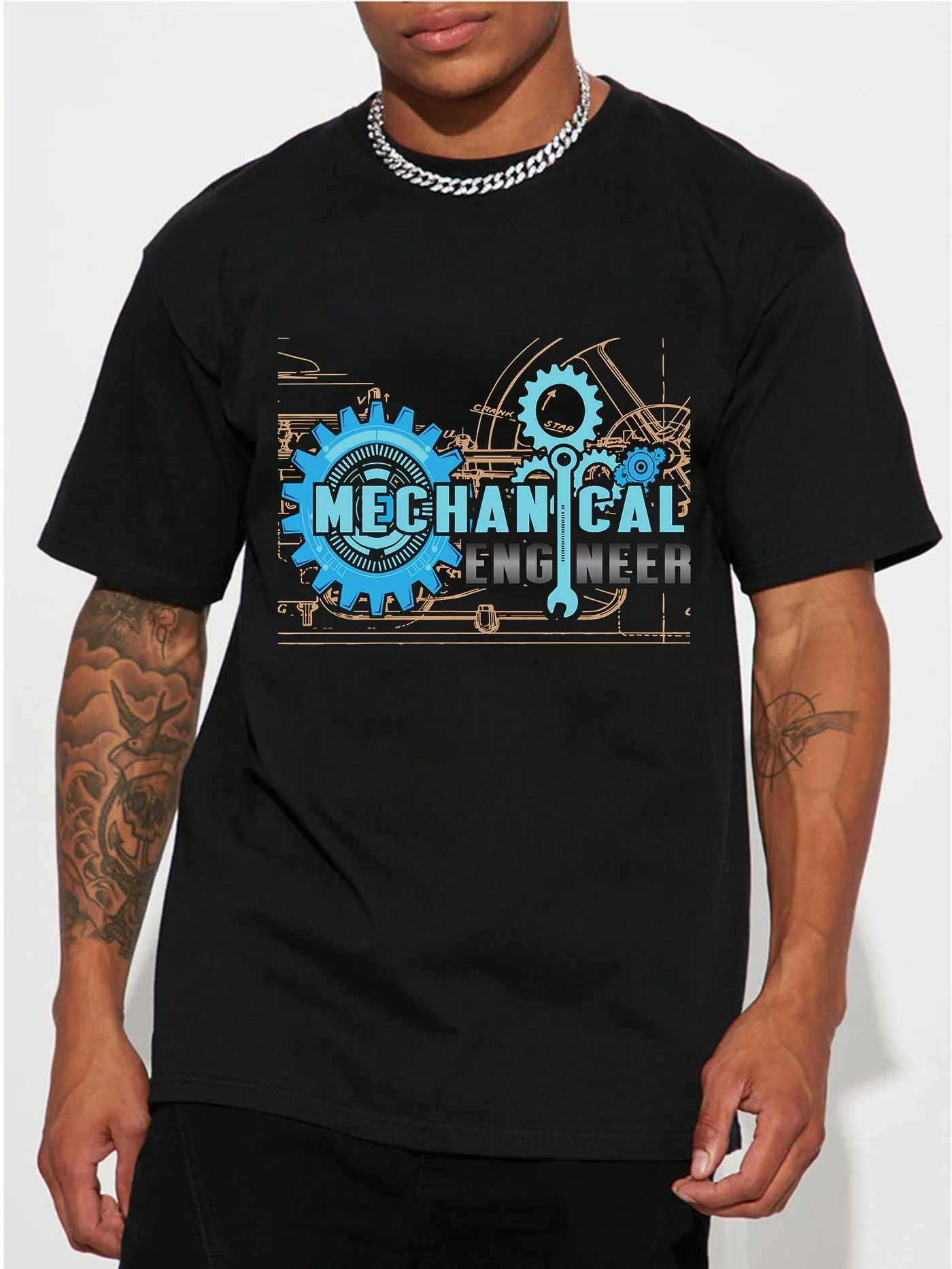 

Men's Casual Cotton T Shirt Short Sleeve Round Neck with Mechanical Gear Print Perfect for Summer Outings sports
