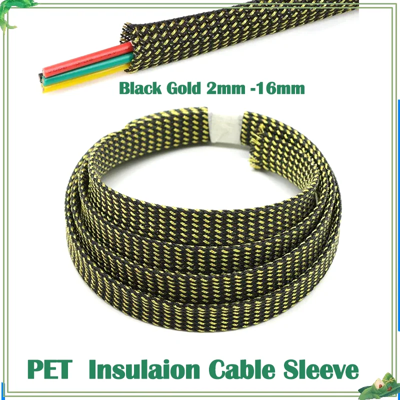 

PET Insulation Expandable Braided Sleeve High Density Wire Wrap Cover Nylon Sheath Protection Cable Sleeving Black Gold 2mm-16mm