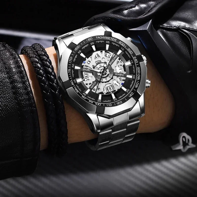 BINBOND Mens นาฬิกาควอตซ์แบรนด์หรูสแตนเลสกันน้ํา Hollow Out Blue Big นาฬิกาข้อมือชาย Relogio Masculino