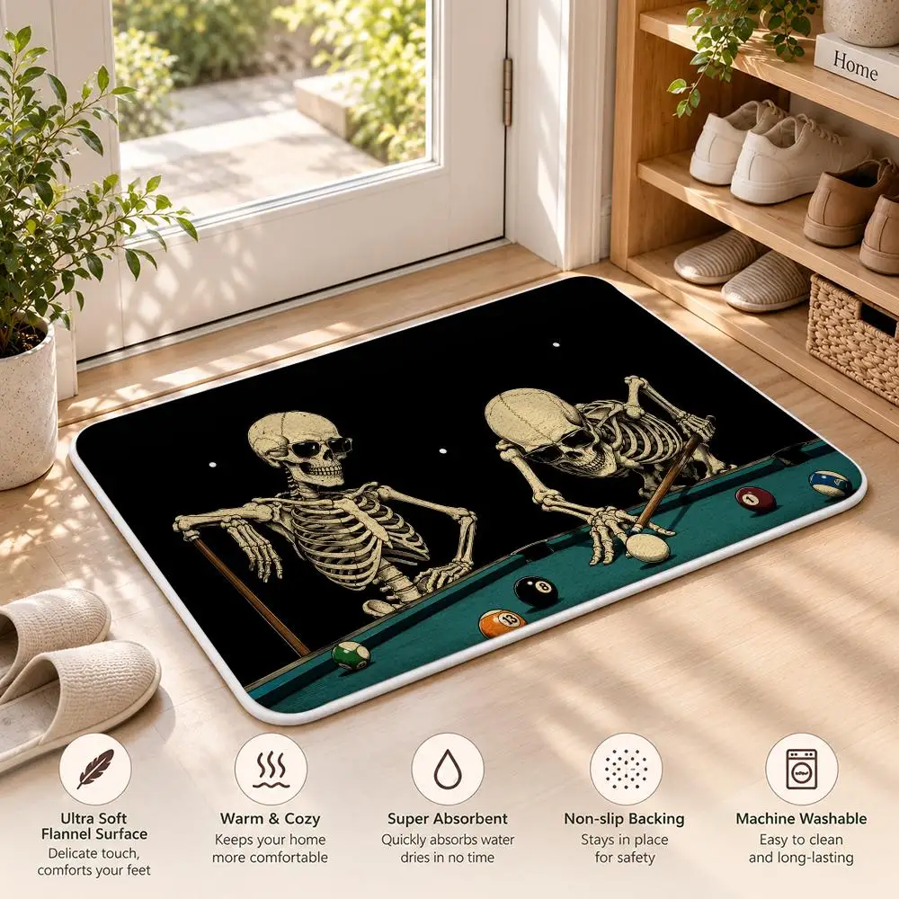 Skeleton Playing Billiards Floor Mat Flannel Rug Soft Non Slip Washable Door Mat for Bathroom Bedroom Kitchen Home Decor