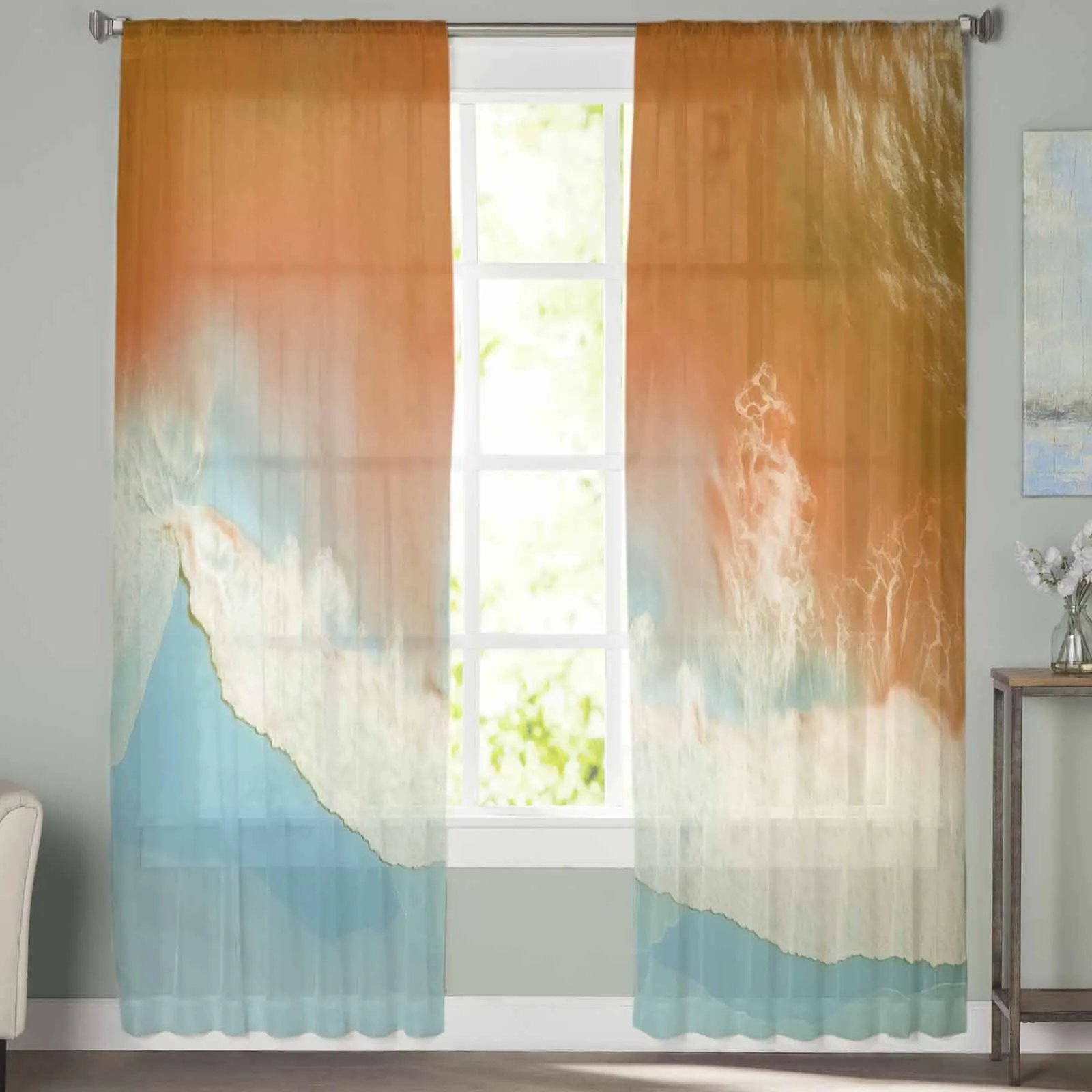 Ocean Beach Summer Vacation Triangle Tulle Sheer Window Curtains For Living Room Kitchen Children Bedroom Voile Hanging Curtain