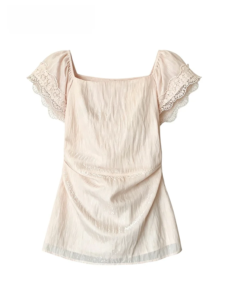 Camisa única y hermosa de manga corta con cuello cuadrado estilo princesa para mujer, talla grande, moda de verano, ropa interior informal, Top