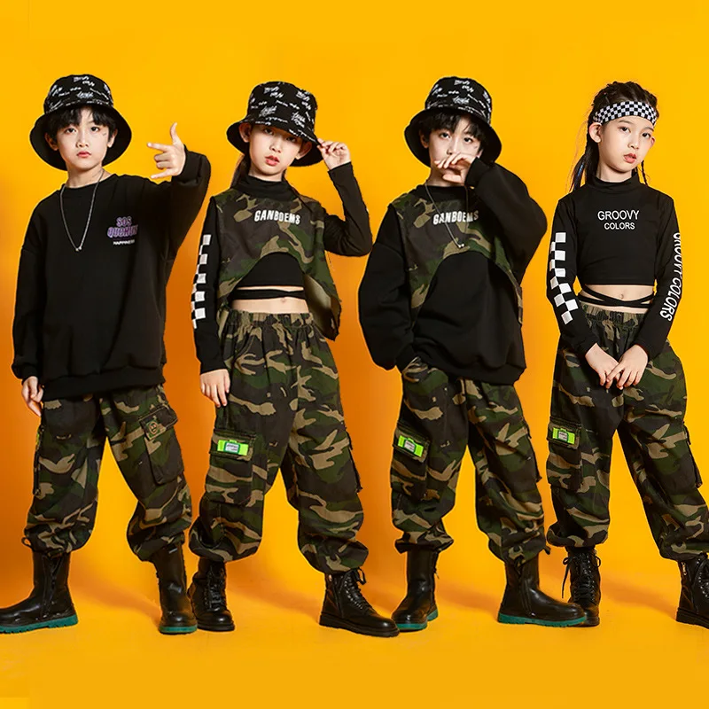 Kind Hip Hop Kleidung Sweatshirt Camo Weste Top Streetwear Tarnung taktische Cargo hose für Mädchen Junge Jazz Tanz Kostüm Kleidung