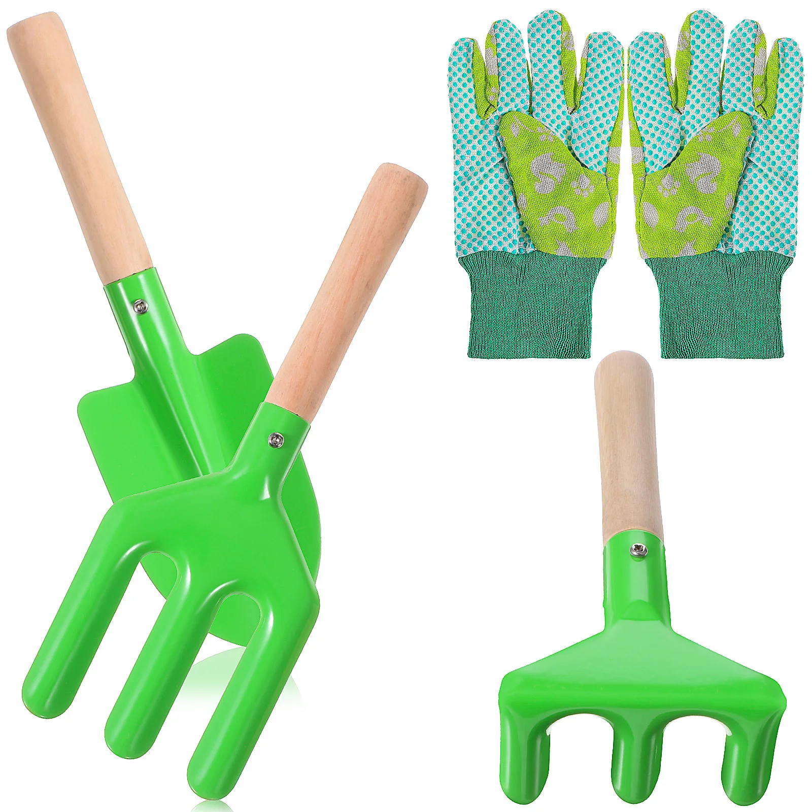 4Pcs Kids Gardening Tool Kit Wooden Handle Shovel Fork Rake Gloves Children Garden Tool Set Role Play Outdoor Equipment