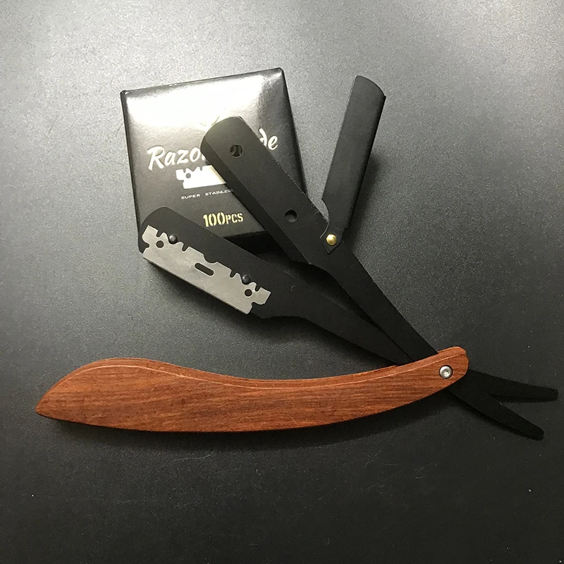 Herramientas de afeitar de madera para hombres, maquinilla de afeitar para el pelo, cuchillo de afeitar plegable, soporte para maquinilla de afeitar recta de acero inoxidable