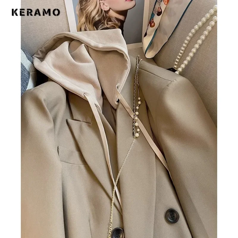 Retro Office Lady Patchwork Notched Collar Long Sleeve Hooded Blazers 2023 Winter Women Vintage Casual Loose Tailored Coat