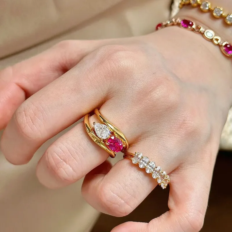 

Fashion Pink White Zircon Geometric Rings for Women New Stainless Steel Adjustable Ring Bridal Wedding Jewelry Accessories Gift