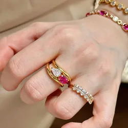 Fashion Pink White Zircon Geometric Rings for Women New Stainless Steel Adjustable Ring Bridal Wedding Jewelry Accessories Gift