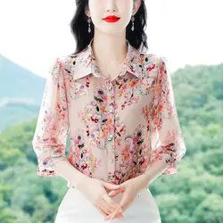 Women Clothing Temperament Thin Floral Shirt Tops Summer New Polo Neck Half Sleeve Printing Loose Office Blouse Elegant Fashion