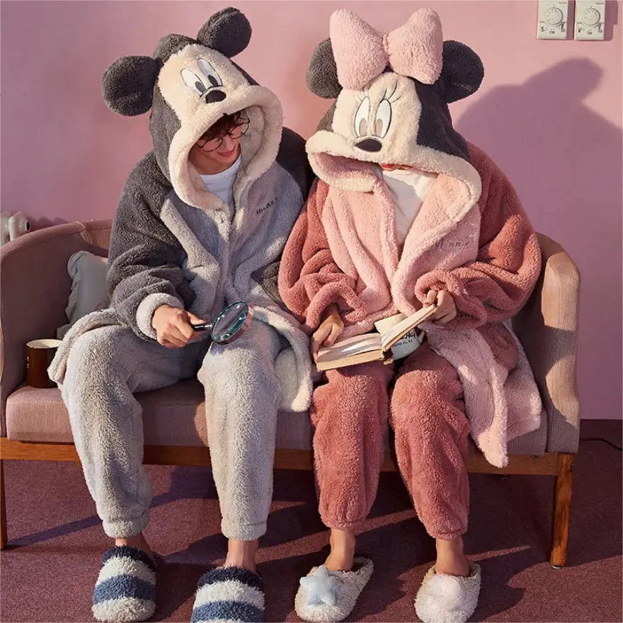 

Милые осенние и зимние парные пижамы с Микки Диснеем для мужчин, утепленный женский халат из кораллового флиса, теплый комплект домашней одежды