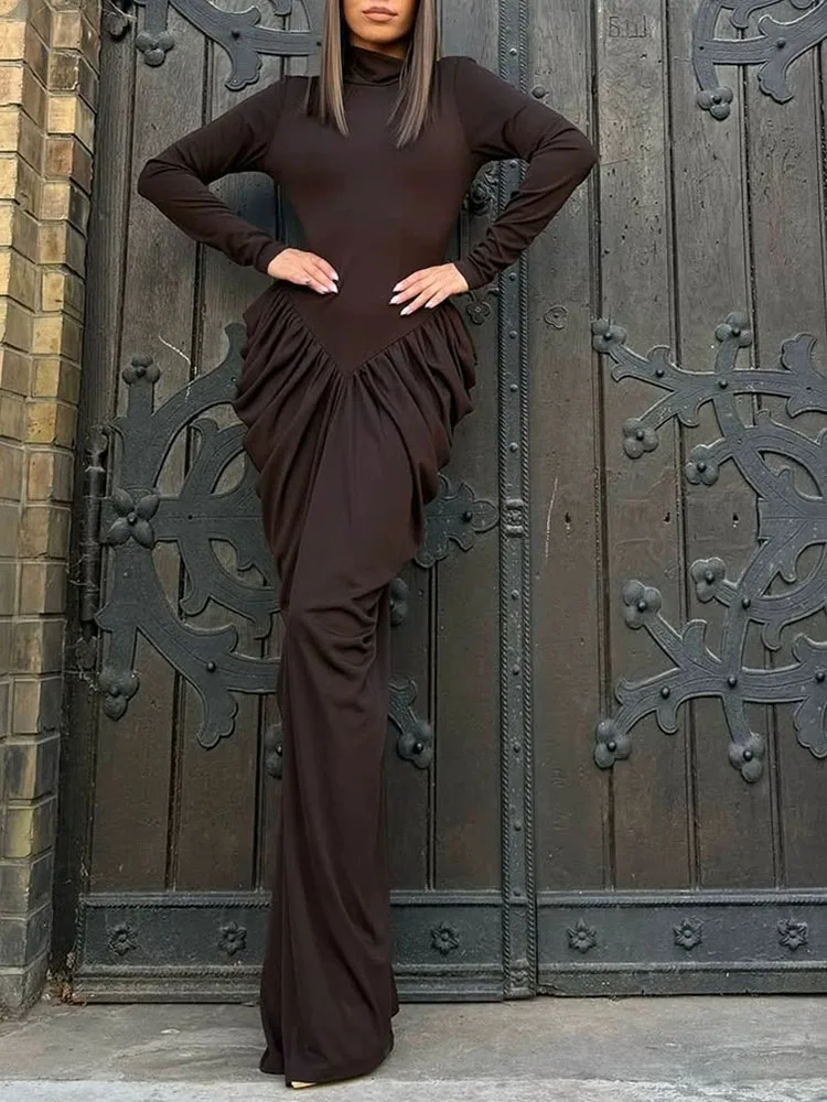 เดรสยาวแขนยาวคอสูงครึ่งตัว ดีไซน์เรียบหรู ทรงเข้ารูป เอวสูง สไตล์ลำลอง สำหรับผู้หญิง เหมาะกับฤดูใบไม้ผลิและฤดูใบไม้ร่วง แฟชั่นเดรสทรงพลิ้วสำหรับงานปาร์ตี้