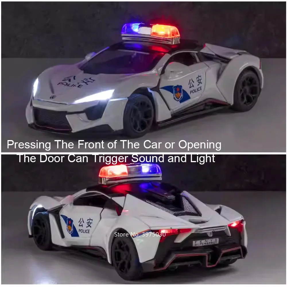 1:32 Alloy Diecast Lykan Police Cars Models Toys 4 Doors Opened Vehicle Wheel Pull Back with Light Music Car Kids Festival Gifts