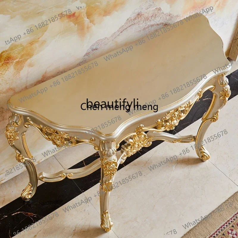 

183 European solid wood entrance American villa living room water-based paint engraving drawing gold and silver entrance table