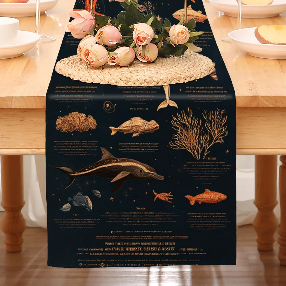 1 Piece of Ocean Creature Pattern Table Runner Featuring Dolphins, Fish, Starfish, and Coral, Suitable for Farmhouse, Indoor, Kitchen, Celebrations, Table Decoration, Restaurant, and Banquet Decoration Supplies