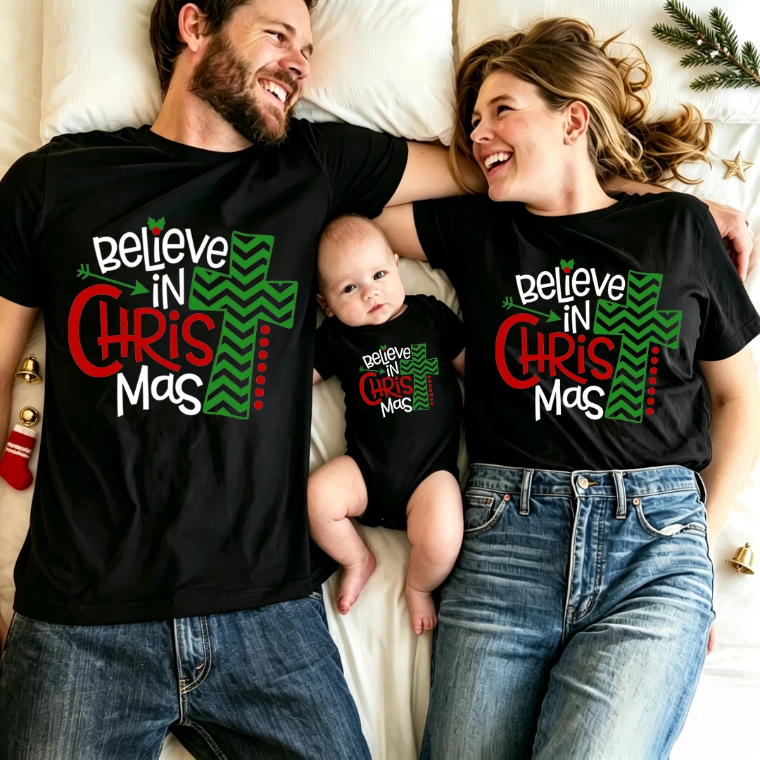 Christmas Family Matching T Shirt Believe in Christmas Print Daddy Mommy and Me Baby Romper Xmas Holiday Short Sleeve Tees Tops