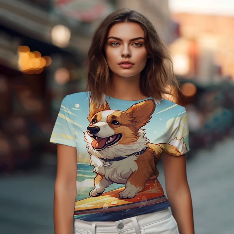 Summer new ladies T -shirt rushing Corgi 3D printed lady T -shirt leisure ladies T -shirt fashion trendy loose lady T -shirt