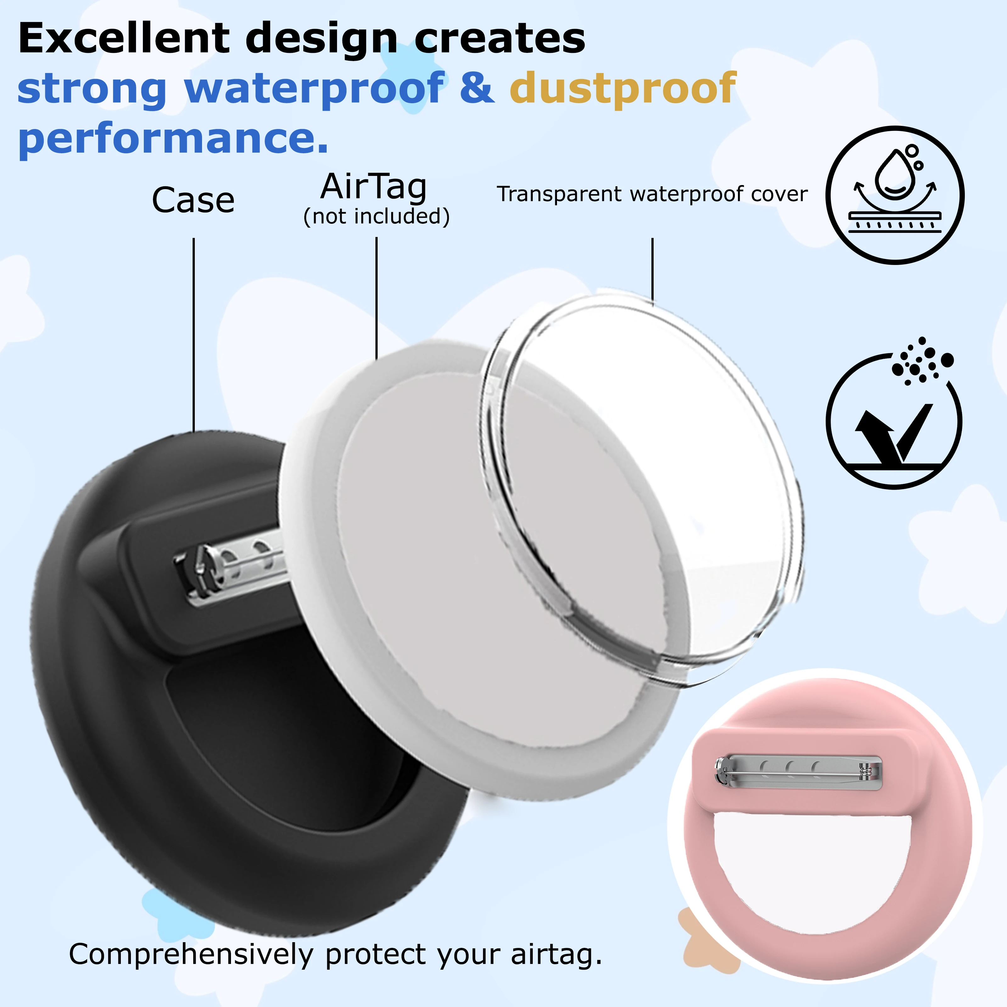 Silicone Case for Apple Airtag, Waterproof Tracker Case with Pin, Anti-Lost and Anti-Drop, For Clothes,Backpack,Luggage (Black)