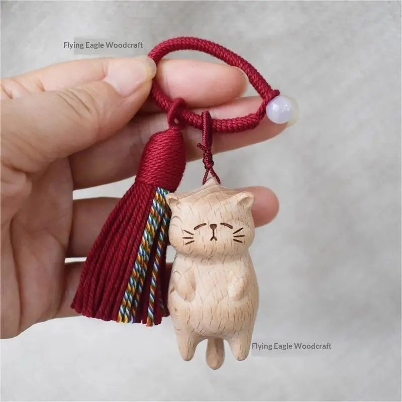 Retro Wooden Cat Keychain Hand Carved Cute Kitty Bag Pendant Charm Tassel Gift For Women Girl Couple Fashion Jewelry Accessorie