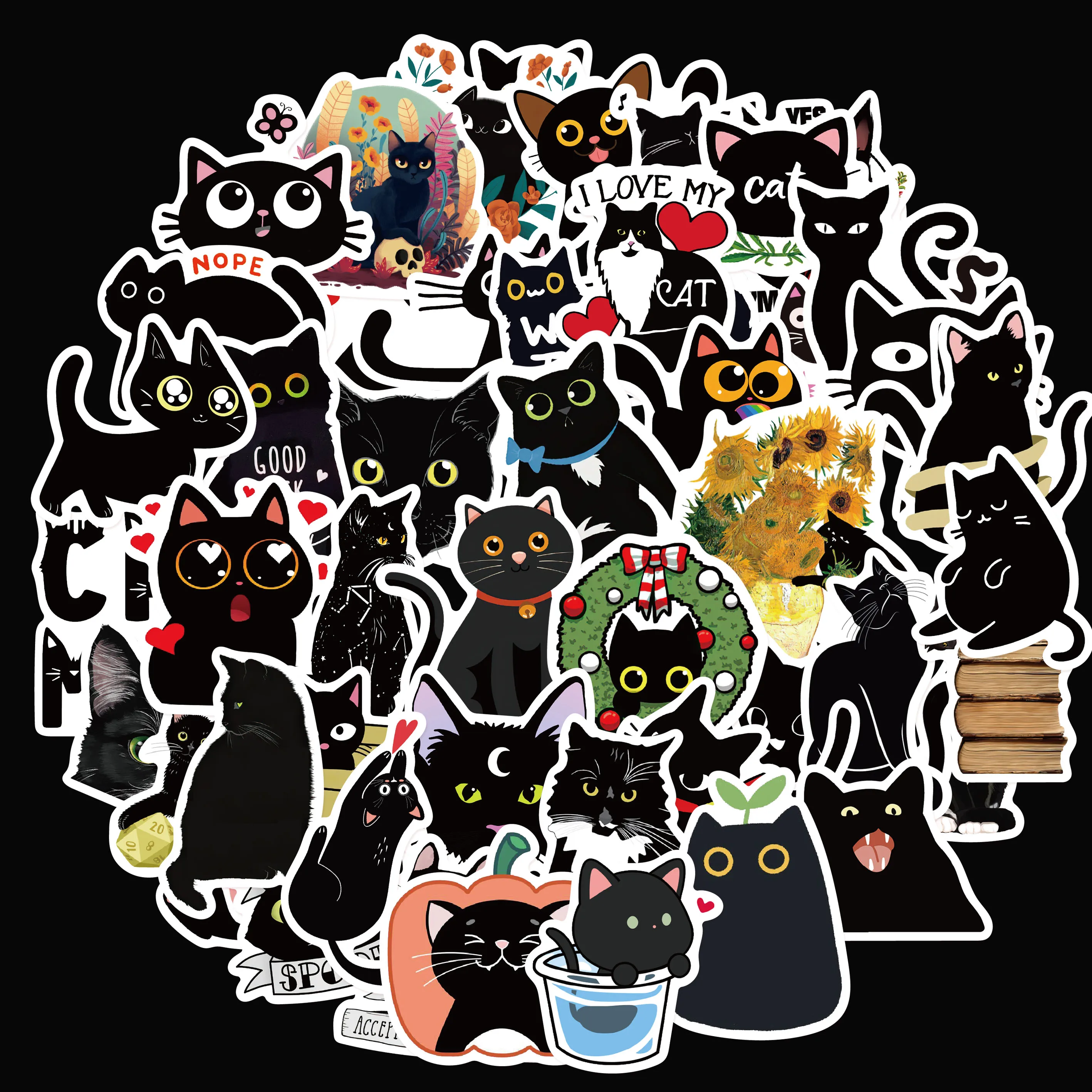 50/100pcs Cute black Cat stickers Children Gift DIY Skateboard Luggage Refrigerator Notebook Waterproof  Stickers