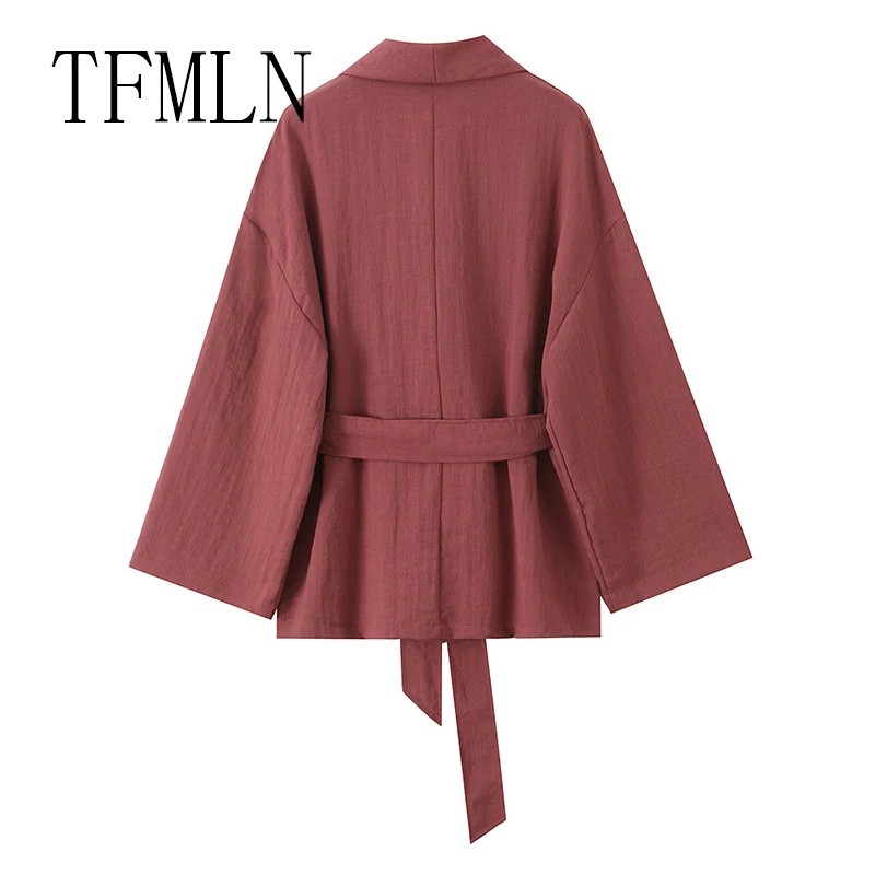 TFMLN أطقم سراويل على طراز بيجامة للسيدات 2025 بلوزة جديدة بأكمام طويلة مع وشاحات وقمصان علوية طقم نسائي مكون من قطعتين