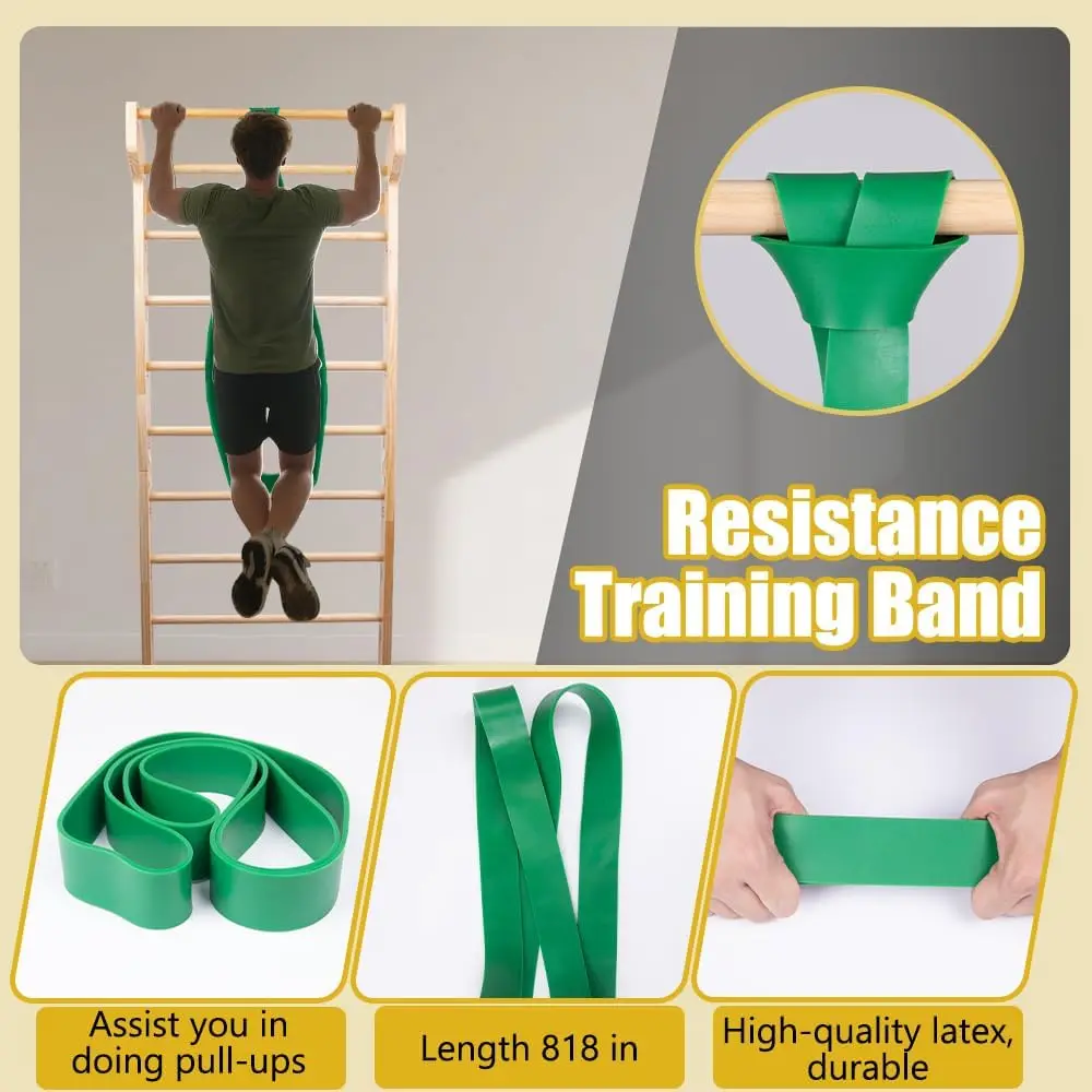 سلم خشبي سويدي مع 11 قضبان استراتيجية، مع حامل يصل إلى 330 رطلاً، قضيب كشك، يشمل أشرطة التمرين + شريط مقاومة للسحب + Pu #4